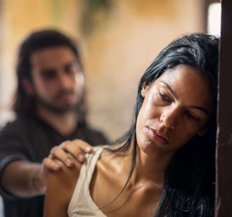 domestic violence with young man and abused woman Social issues, domestic violence with young husband trying to reconcile with abused wife